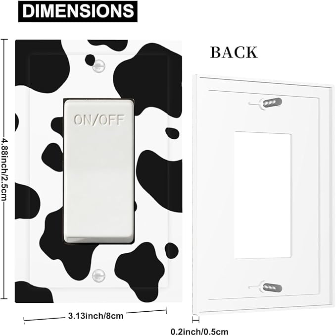 Cow Print Single Rocker Switch Cover - 1-Gang Standard US Size Farmhouse Cowhide Light Switch Covers, Black & White Rustic Animal Print for Country Homes