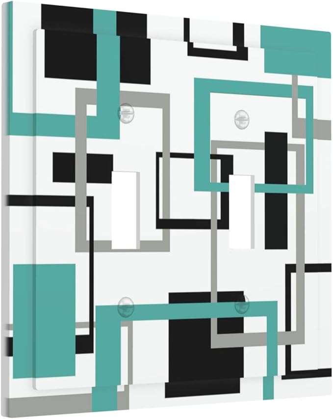 Geometric Turquoise Black Gray Modern Abstract Boho Decorative Switch Plates 2 Gang Double Toggle Outlet Light Switch Cover Wall Plate Electrical Faceplate for Office Nursery Decor