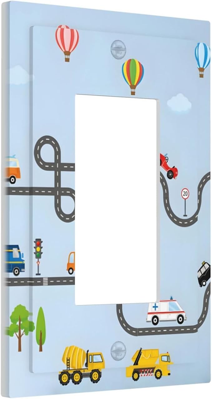Road Construction Car Truck Hot Air Balloon Decorative Outlet Covers 1 Gang Single Rocker Light Switch Cover Plate Wall Plates GFCI Faceplate for Nursery Kids Room Decor