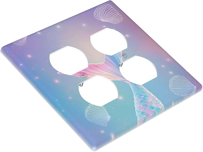 Cute Mermaid Pink Tail Scales Shells Colorful Ocean Outlet Covers 2 Gang Double Duplex Decorative Light Switch Covers Electrical Wallplates Socket Faceplate for Kids Room Nursery Decor