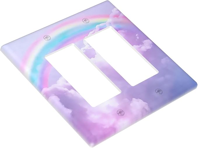 Rainbow in the Clouds Double Rocker Wall Plates Pink Art Panel 2 Gang Light Switch Cover Decorative Purple Cloud GFCI Electrical Switchplate Cute Dimmer for Bedroom Kidroom Nursery Decor