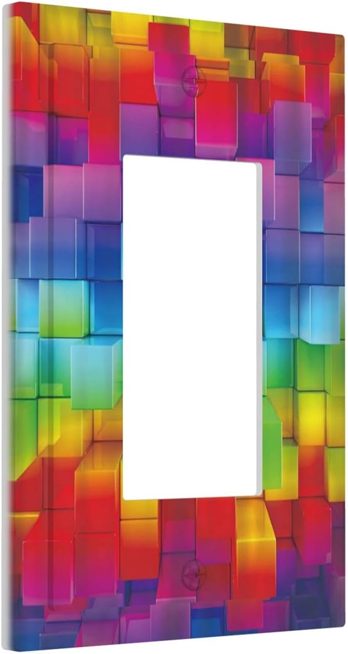 3D Colorful Rainbow Wall Abstract Squre Shaped 1 Gang Rocker Light Switch Covers Decorative Unique Single Decora Outlet Wall Plate Faceplate Switchplate GFCI for Kitchen Bedroom Bathroom Decor