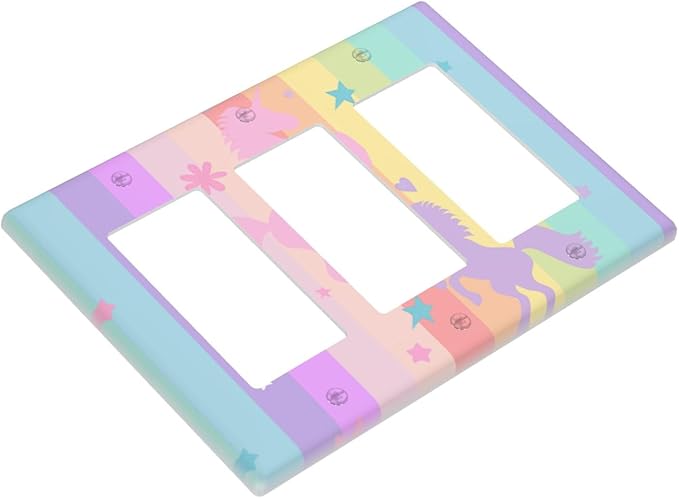 Cute Purple Pink Rainbow Unicorn 3 Gang Rocker Outlet Covers Triple Rocker Light Switch Cover Switchplates Wall Plate Decorative Electrical Faceplate for Nursery Girls Boys Room Kids Room Decor