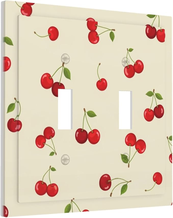 Sweet Cherry Blossom Double Toggle Switch Cover - 2-Gang Standard US Size Playful Cherry Duo Light Switch Covers, Retro Cherry Print for Girls Room Decor