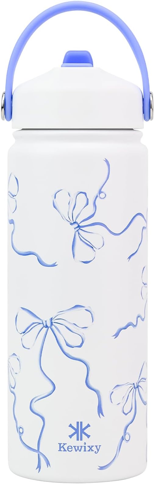 KEWIXY 18 oz Blue Bow Water Bottle with Straw, Leak Proof, Insulated Stainless Steel with Handle, Reusable, Metal, Backpack-side Fit (Breeze Blue Bow)