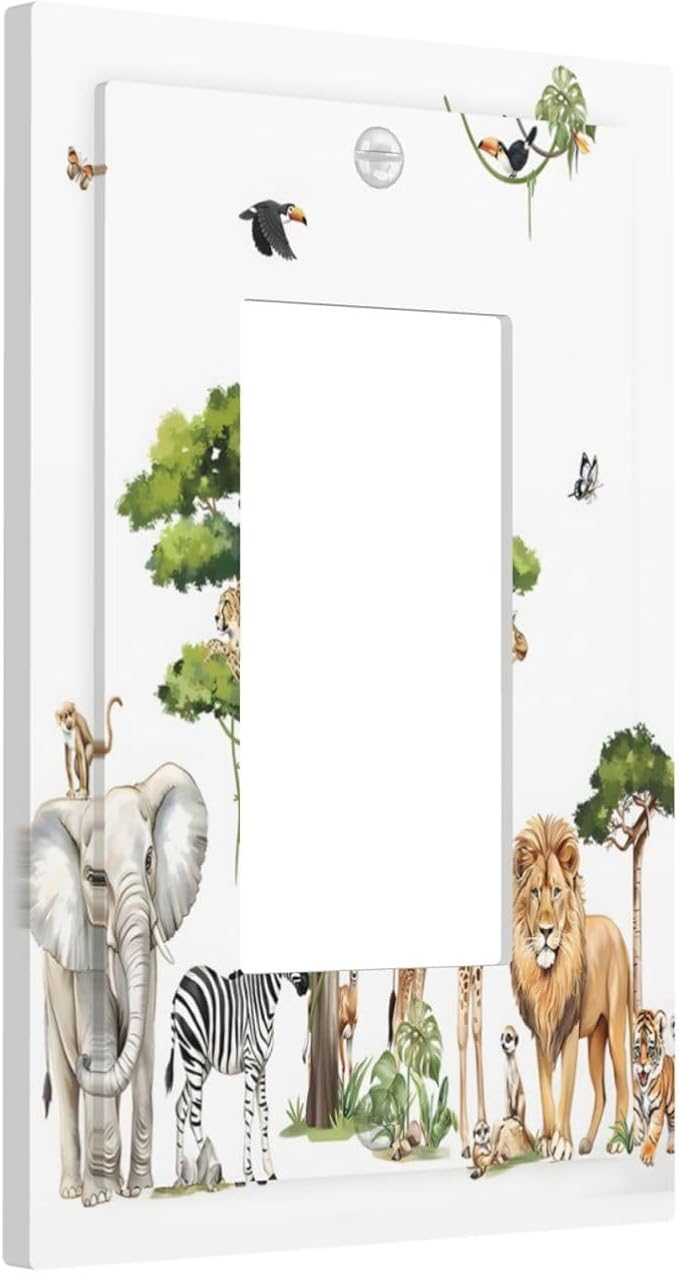 Large Animals Elephant Giraffe Jungle Lion Leopard Zebra Decorative Outlet Covers 1 Gang Single Rocker Light Switch Cover Plate Wall Plates GFCI Faceplate for Kids Room Nursery Decor
