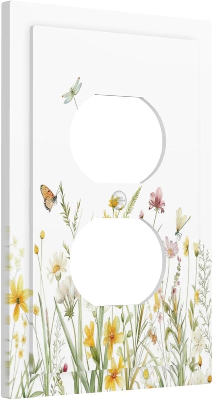 Colorful Wildflowers Dragonfly Butterfly Floral Outlet Covers 1 Gang Duplex Light Switch Cover Decorative Switch Plates Electrical Receptacle Faceplate Wall Plate for Bedroom Living Room Decor