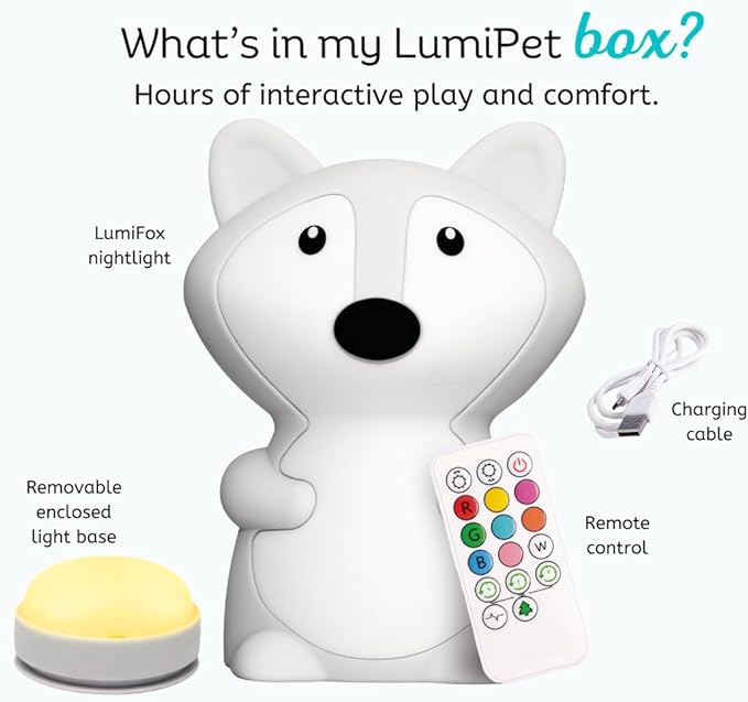 Lumipets Fiona The Fox Squishy Night Light for Kids | Silicone Mood Lamp with Tap & Remote Control | Rechargeable Color Changing Animal NightLight for Boys & Girls | Portable Nightlight with USB Cord