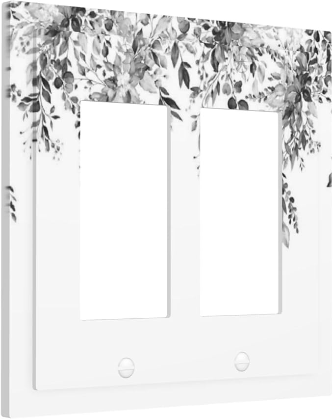 Decorative Outlet Covers Grey Floral Plant Eucalyptus Leaf Flower 2 Gang Double Gfci Rocker Electrical Wall Panels Light Switch Cover Plate For Bed Room Living Room Decor