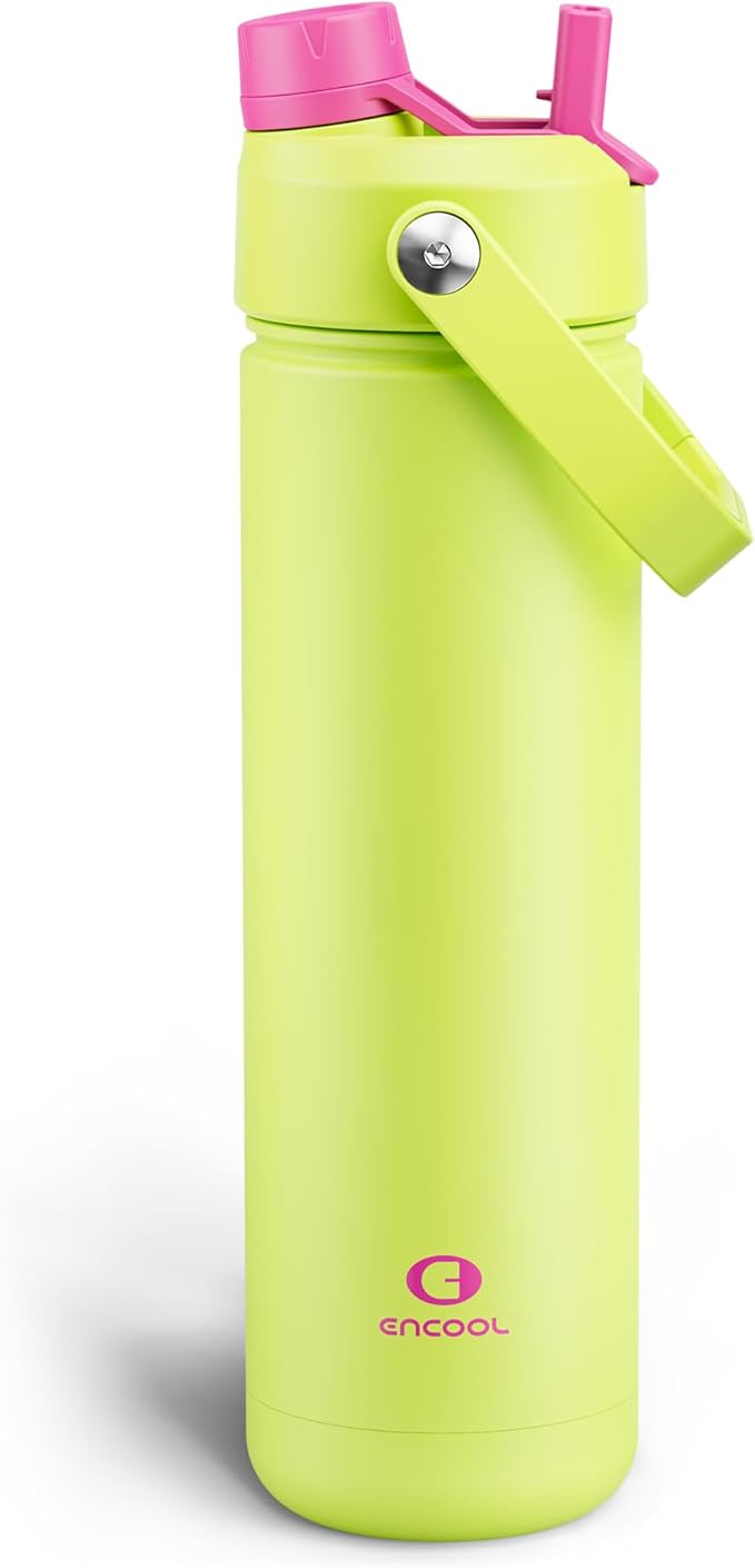 ENCOOL Insulated Water Bottle with Straw Stainless Steel Water Bottle, Leak-Proof, BPA-Free, Double Wall Vacuum Keeps Cold for 24 Hours for Sports, Travel, School (26 oz, Acid Green)