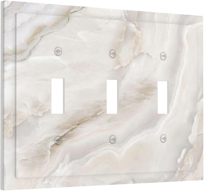 Abstract Luxury White Marble Texture Decorative Switch Plates 3 Gang Wall Plate Triple Toggle Light Switch Cover Faceplate Electrical Wall Panels for Bathroom Kitchen Living Room Decor