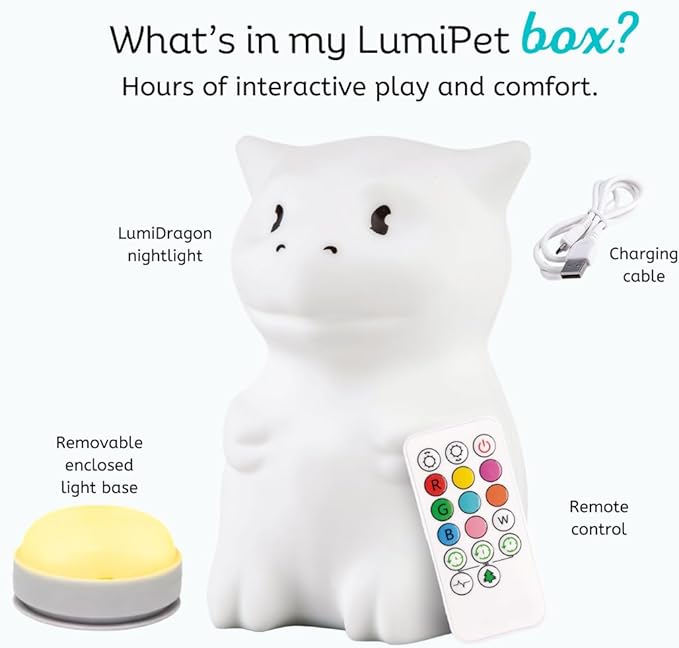 Lumipets Remote Control Silicone Night Light for Kids - Dragon Design with 9 Soft Colors & Sleep Timer - Rechargeable, Battery-Operated Lamp for Bedroom | Baby Nursery, Toddler, Girls, Boys