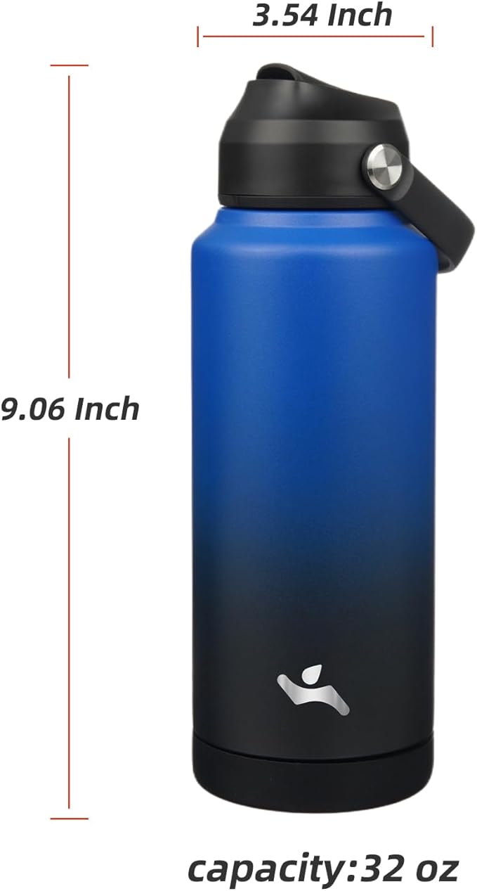Konokyo Insulated Water Bottle with Straw Lid,32 oz Stainless Steel Vacuum Metal Bottle with Silicone Handle,Black Blue