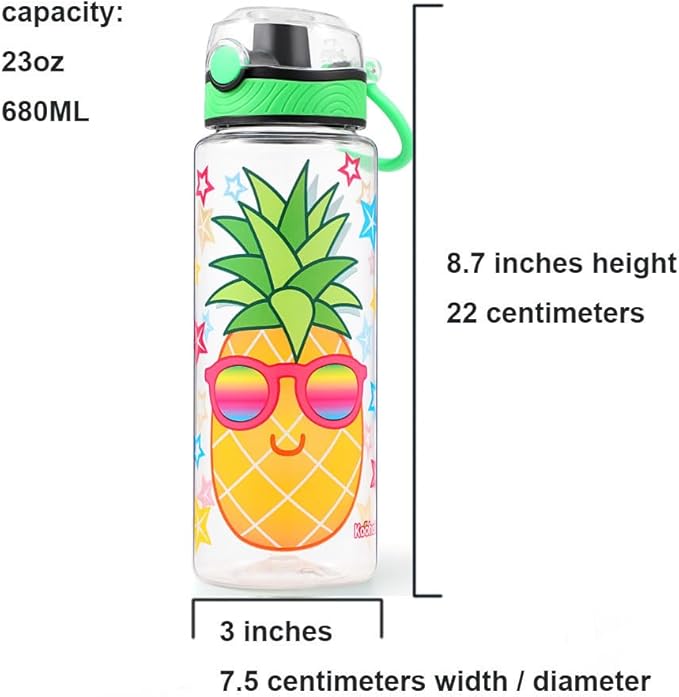 Home Tune Cute Water Bottle for School Kids Girls, BPA FREE Tritan & Leak Proof & Easy Clean & Carry Handle, 23oz/ 680ml - Pineapple