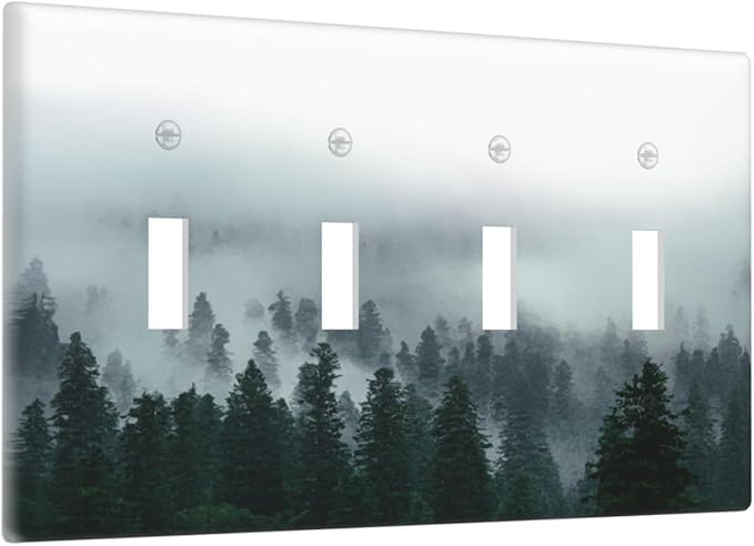 Forest Pine Forest Foggy Mountain Natural Scenery Light Switch Covers Quad Toggle Electrical Faceplate 4 Gang Wall Plate Decorative Switch Plates for Bed Room Living Room Decor