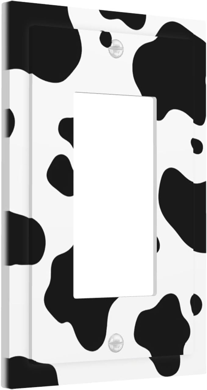 Cow Print Single Rocker Switch Cover - 1-Gang Standard US Size Farmhouse Cowhide Light Switch Covers, Black & White Rustic Animal Print for Country Homes
