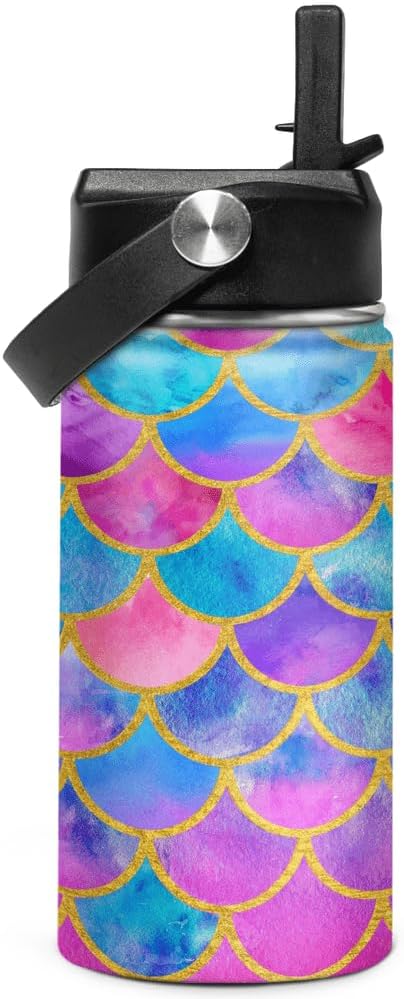Mermaid Water Bottle for Girls Kids Kid Insulated Water Bottles 12oz Stainless Steel Travel School Tumbler Double Wall Vacuum Cup with Straw