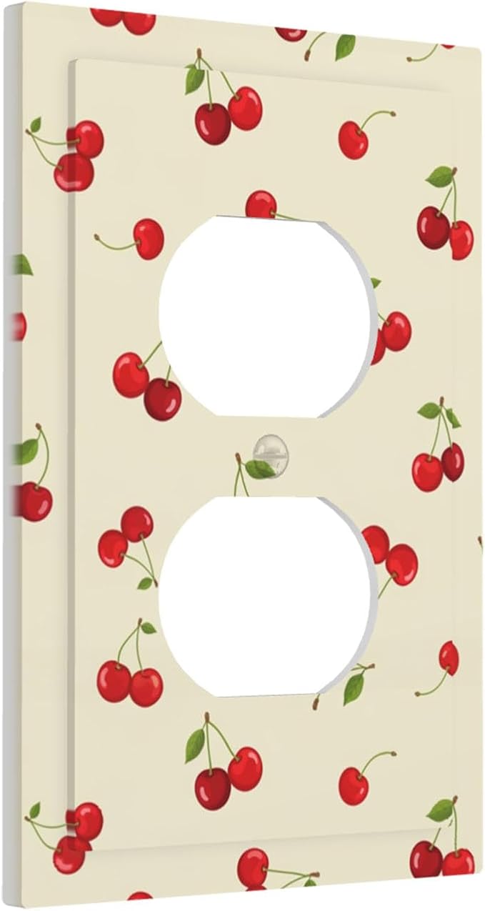Sweet Cherry Blossom Duplex Wall Plate - 1-Gang Standard US Size Playful Cherry Duo Outlet Covers, Retro Cherry Print for Girls Room Decor