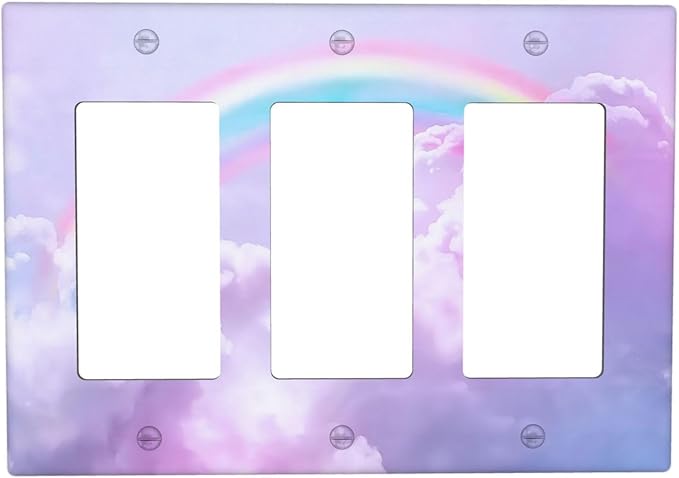 Rainbow in the Clouds Triple Rocker Wall Plates Pink Art Panel Light Switch Plate Covers Decorative Purple Cloud GFCI Lightswitch Faceplate Cute Dimmerfor Bedroom Kidroom Nursery Decor