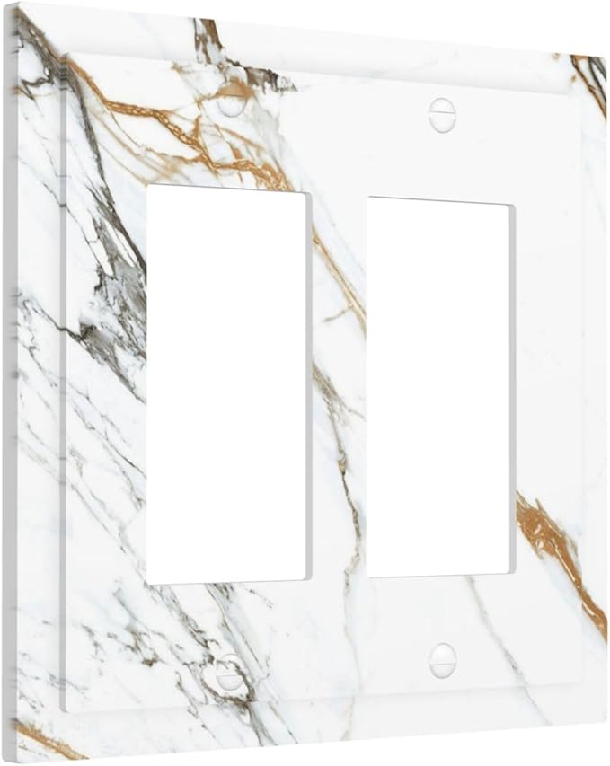 White Gold Marble Modern Abstract Luxury Print Decorative Outlet Covers 2 Gang Double GFCI Rocker Electrical Wall Panels Light Switch Cover Plate for Bathroom Kitchen Decor