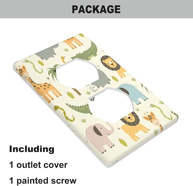 Cartoon Animal Outlet Covers Cute Hippo Crocodile Lion Elephant And Giraffe Funny Wildlife 1-Gang Wall Plate Duplex Standard Receptacle Plug Cover for Boys Girls Room