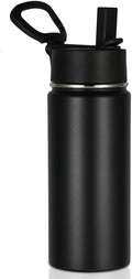 Volhoply Kids Insulated Water Bottle with Straw,16oz Stainless Steel Cold Water Bottles for School,BPA-Free Metal Wide Mouth Cups with Handle Lid,Reusable Double Wall Vacuum Sport Flask(Black,1)