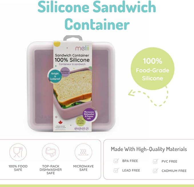 melii Reusable Silicone Sandwich Container | Leak-Resistant Food Storage with Easy-Open Lid, BPA-Free, Dishwasher & Microwave Safe, Lunch Box for Kids & Adults (Pink)