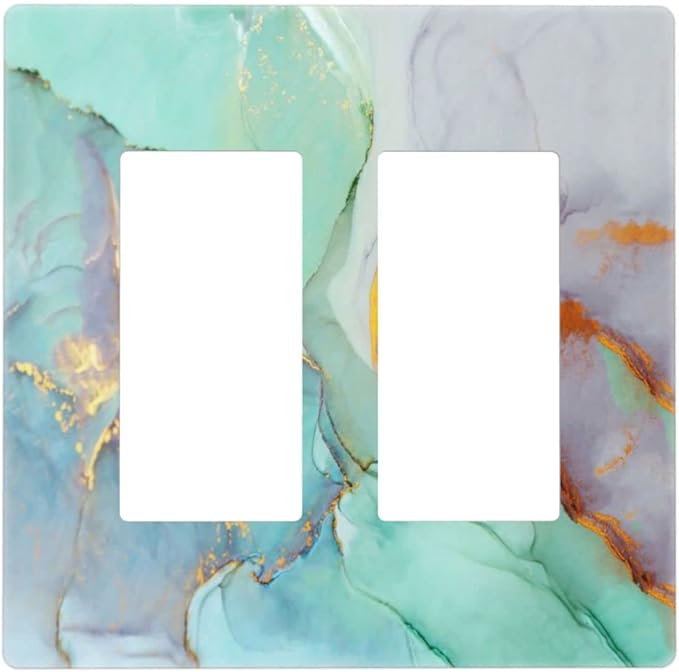 Teal Green Marble 2 Gang Double Rocker/Decor Light Switch Cover Decorative Outlet Wall Plate Electrical Faceplate Home Bedroom Art Panel Decor Screwless 4.7" x 4.6