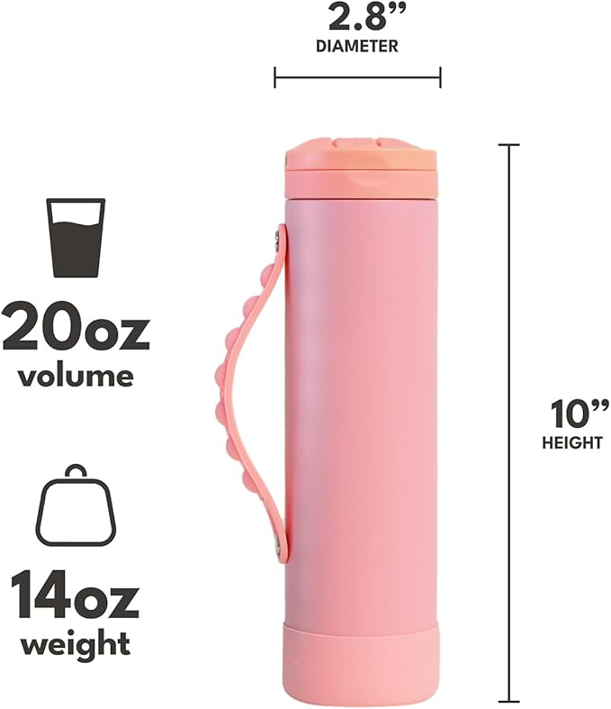 Elemental Iconic Kids Water Bottle for School - 100% Leak-Proof Insulated Water Bottles with Straw Lid & Pop-It Handle for Boys & Girls - Triple-Wall Insulated & BPA-Free, 20oz – Rose