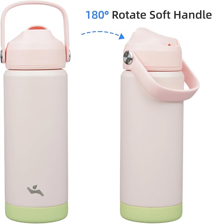 Konokyo Insulated Water Bottle with Straw Lid,18 oz Stainless Steel Vacuum Metal Bottle with Silicone Handle,Pearl