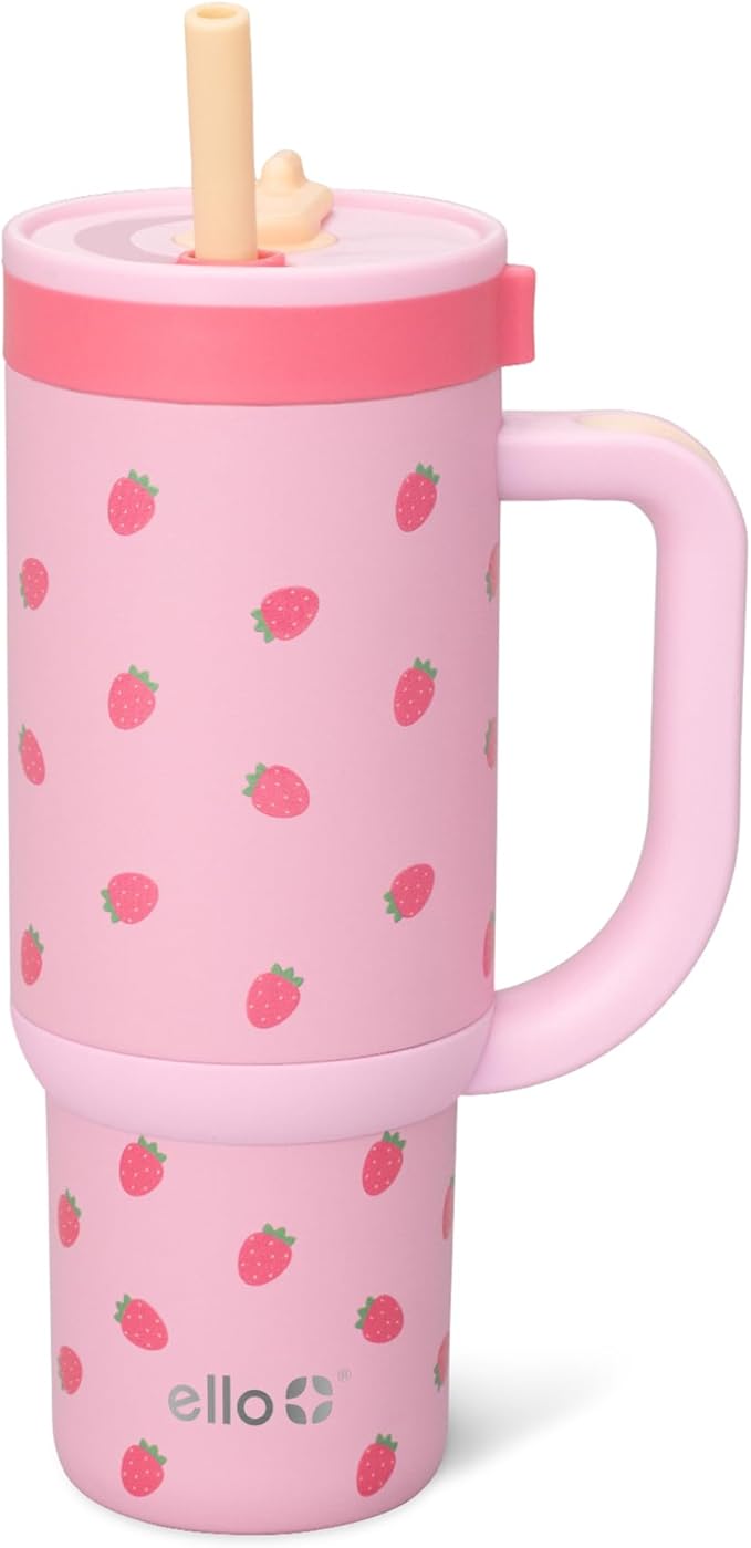 Ello Oasis 18oz Stainless Steel Kids Tumbler with Handle & Retracting Straw, 100% Leakproof, Double-Wall Vacuum Insulated, Kids Water Bottle for School, BPA Free + Dishwasher Safe, Strawberries