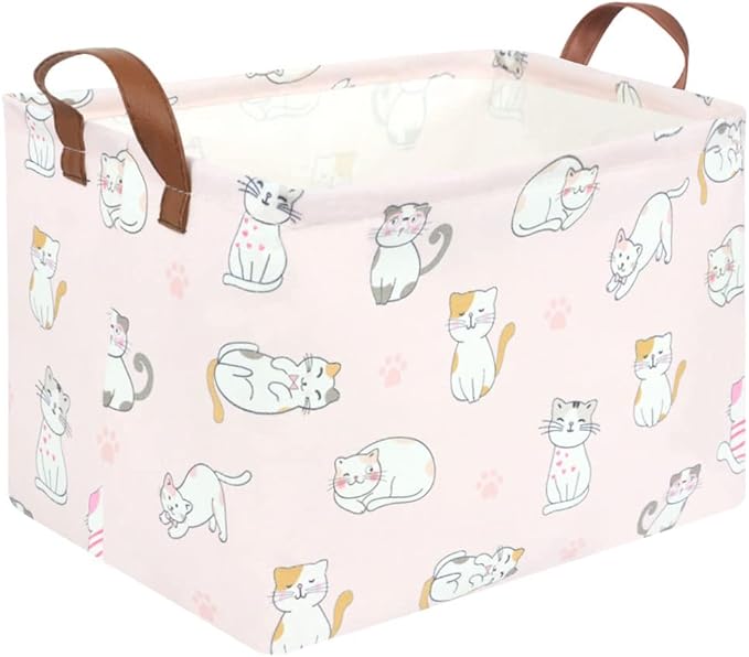 FXOLCSHE Rectangular Pink Cat Baskets,Cute Kids Toy Storage Basket Bin,Pink Gift Organizer,Toys Box,Toy Organizer,Baby Nursery,Empty Rectangular Cat Room Decor(Pink Cats)