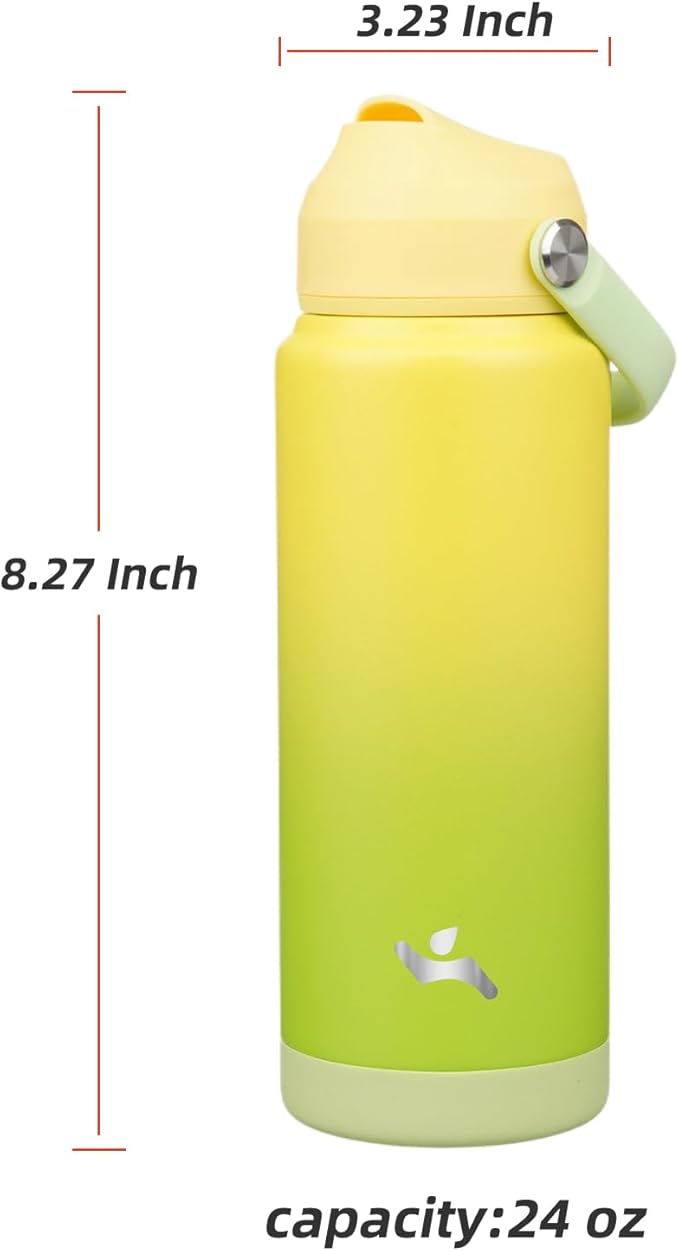 Konokyo Insulated Water Bottle with Straw Lid,24 oz Stainless Steel Vacuum Metal Bottle with Silicone Handle,Lime