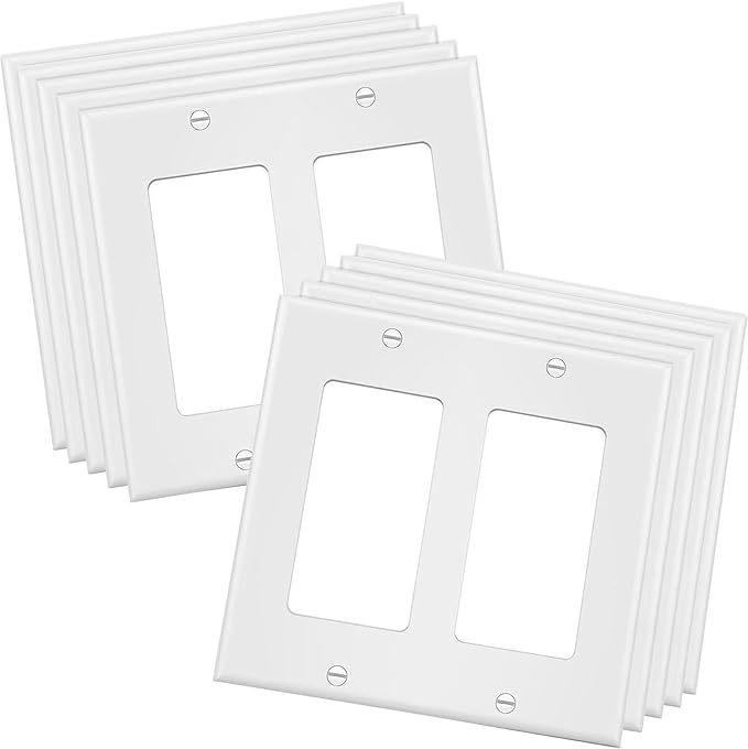 2-Gang Decorator Wall Plate Cover Double Switch Outlet Electrical Faceplate for Light Switche, Smart Switch, Receptacle, Dimmers, USB Outlet, GFCI, White (10-Pack)