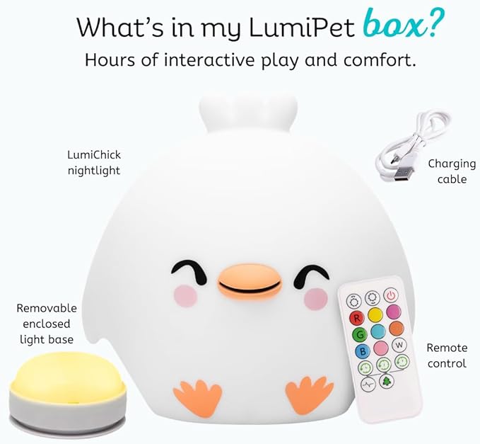 Lumipets Clara the Chick Squishy Silicone Night Light for Kids | Cute Night Light with Remote & Touch Control for Baby & Toddler Bedrooms | Color Changing Portable Animal Nightlight | Soft Mood Lamp