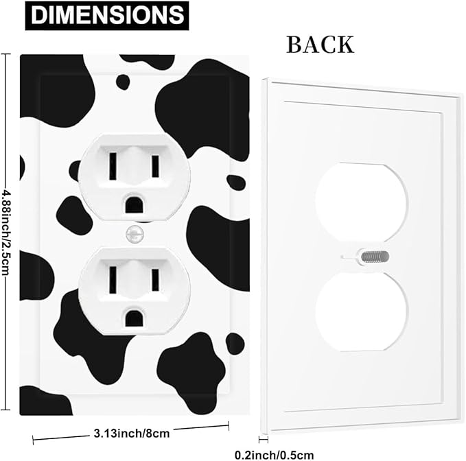 Cow Print Duplex Wall Plate - 1-Gang Standard US Size Farmhouse Cowhide Outlet Covers, Black & White Rustic Animal Print for Country Homes