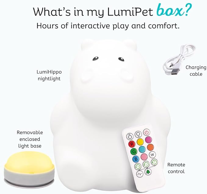 LumiPets Honey the Hippo Silicone Night Light for Kids | Squishy Lamp with Tap & Remote Control | Rechargeable, 9 Color Changing Animal Night Light for Boys & Girls | Portable Nightlight With USB Cord