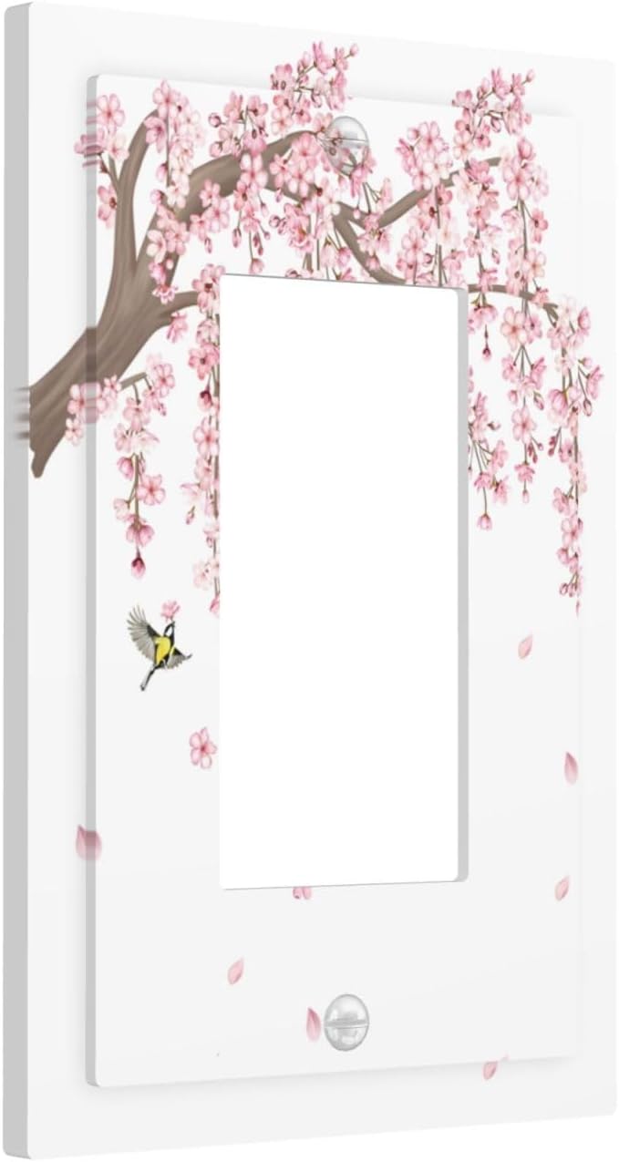 Pink Flower Tree Branch Cherry Blossom Tree Floral Birds Decorative Outlet Covers 1 Gang Single Rocker Light Switch Cover Plate Wall Plates GFCI Faceplate for Bedroom Living Room Decor