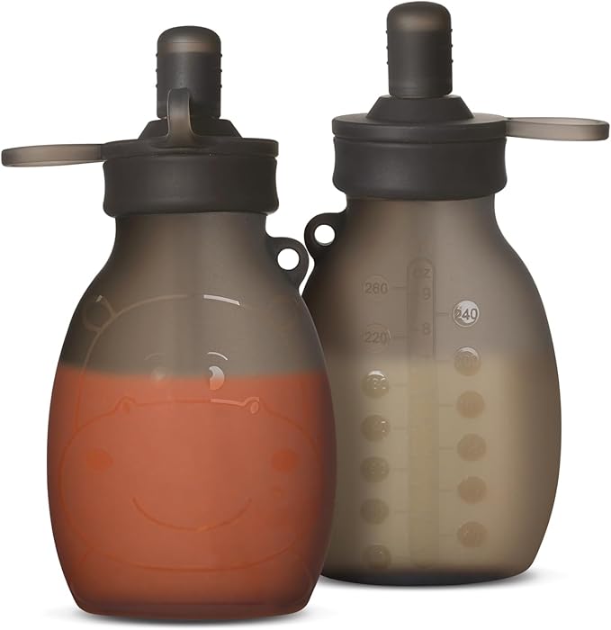 haakaa Hippo Wide Opening Silicone Goody Pouch – 9oz/260ml Reusable Pouches for Toddlers, Reusable Baby Food Pouches with Wide Neck for Quick Filling & Cleaning, 2 Pack, (Grey)