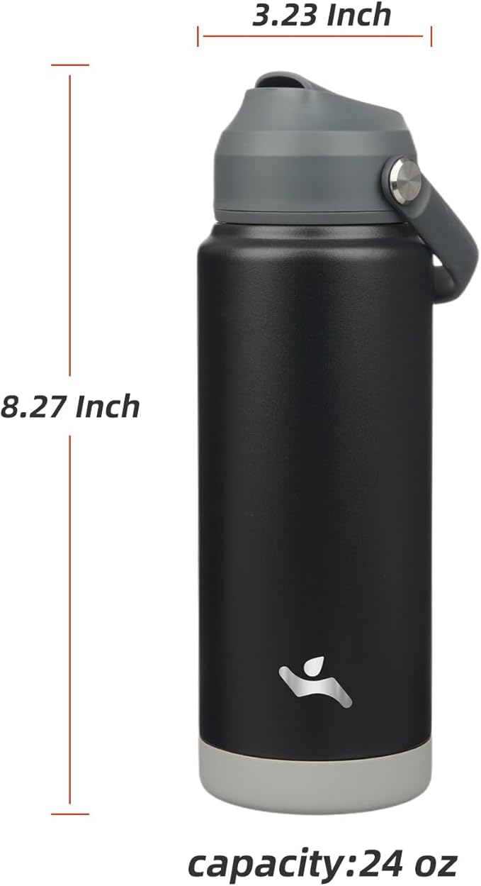 Konokyo Insulated Water Bottle with Straw Lid,24 oz Stainless Steel Vacuum Metal Bottle with Silicone Handle,Black