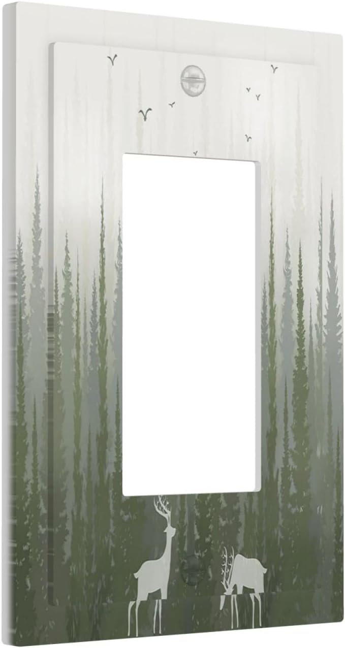Green Pine Tree Deer Country forest Bird Nature Mist Decorative Outlet Covers 1 Gang Single Rocker Wall Plates Gfci Faceplate Light Switch Cover Plate for Bedroom Home Decor