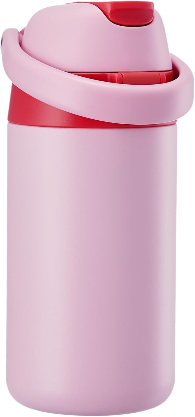 12 oz Water Bottle Insulated, 304 Stainless Steel Insulated Kids Water Bottle with Straw, 2-in-1 Lid Toddler Cups for School Boys Girls, BPA-Free, Leak-Proof, Great for Sport, Travel, Gift,Pink