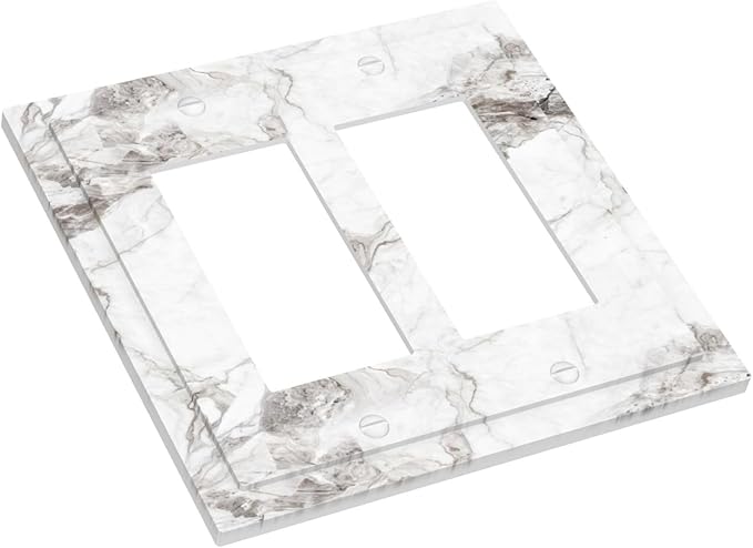 White And Gray Marble Patterns Texture Abstract Print Decorative Outlet Covers 2 Gang Double GFCI Rocker Electrical Wall Panels Light Switch Cover Plate for Bathroom Kitchen Decor