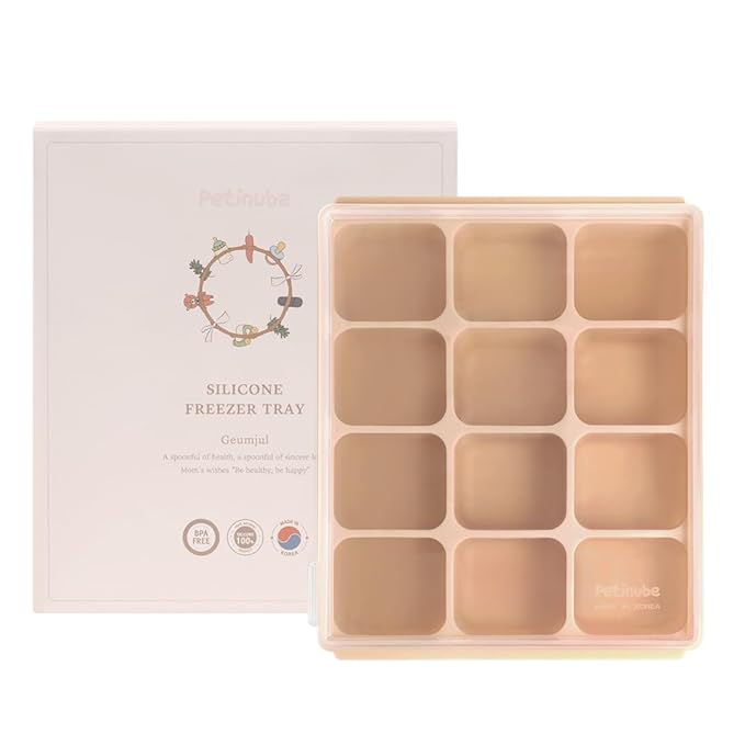 Baby Food Storage Silicone Cubes with Clip-On Lid Freezer Tray Baby Food Soups Purees Ice Easy and Safe Design Made in Korea(12 Sand Beige)
