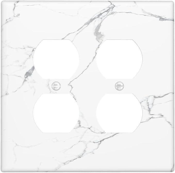 Luxurious White Marble Abstract Print Outlet Covers 2 Gang Double Duplex Decorative Light Switch Covers Electrical Wallplates Socket Faceplate for Bathroom Kitchen Bedroom Decor
