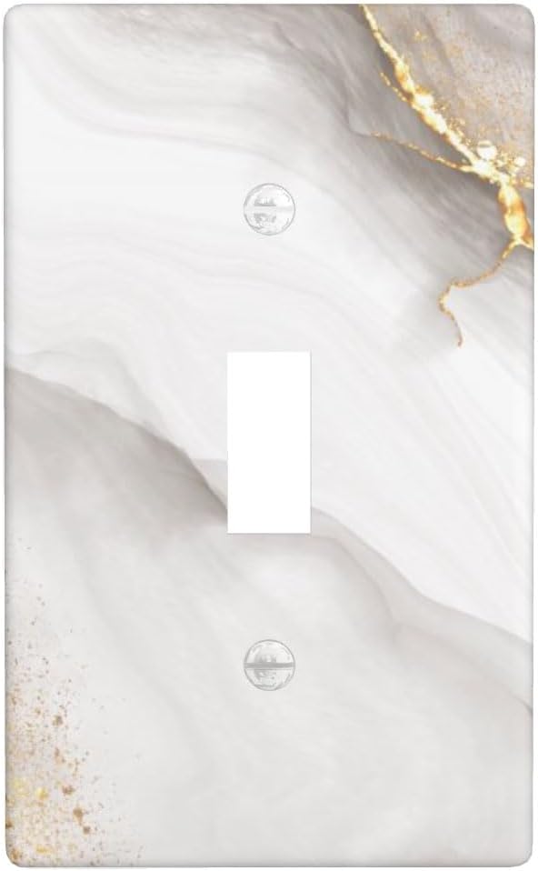 1-Gang Toggle Light Switch Plate, Faux Marble Printed Wall Plate, White Gray Gold Modern Glam Pattern Decor for Bathroom Kitchen