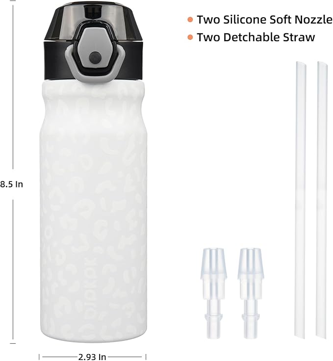 BJPKPK Water Bottle with Straw 18oz Insulated Water Bottles Reusable Stainless Steel Metal Thermal Flask with Leak Proof Lockable Lid and Carry Handle,Cream Leopard