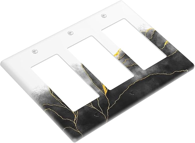 Light Switch Covers Black And Gold Marble White Golden Leaves 3 Gang Rocker Electrical GFCI Decorative Triple Outlet Wall Plate Cover Switchplate for Bedroom living Room Decor