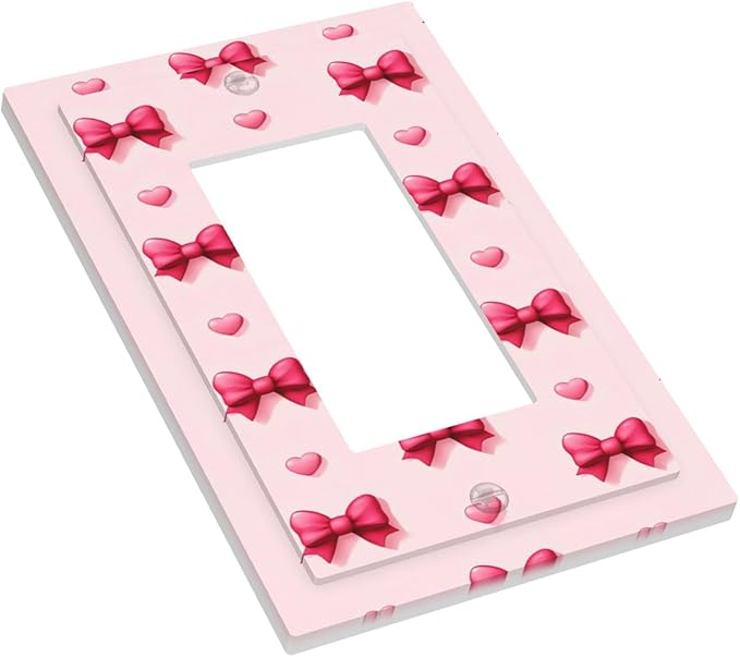 Pink Bow & Heart Single Rocker Switch Cover - 1-Gang Standard US Size Preppy Coquette Light Switch Covers, Sweetheart Girly Pattern for Girls Room