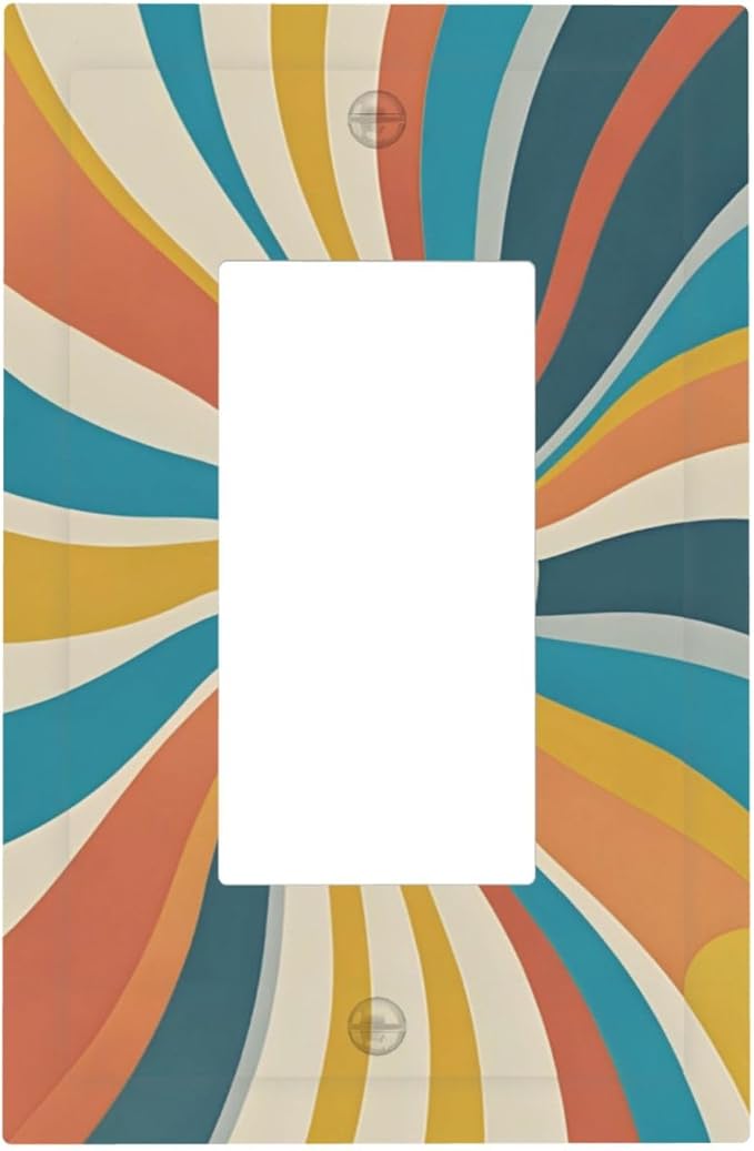 Decorative Light Switch Cover Plate with Retro Mid-Century Modern Sunburst Motif Design 1 Gang Rocker Outlet Covers Single Decora Gfci Device Wall Plate for Abstract Teal/Yellow/Orange Wall